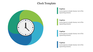 Circular diagram with overlapping green and blue shaded sections and a central clock face, linked to vertical captions.