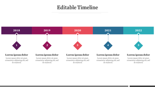 Horizontal timeline with diamond shaped markers for years from 2018 to 2022, in purple, pink, red, blue, and teal.