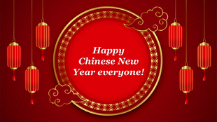 Chinese New Year design featuring red lanterns, gold clouds, and a round frame with patterned border on red background.