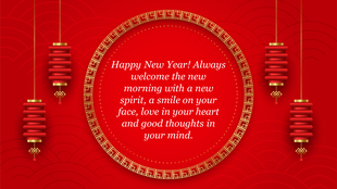 Elegant New Year template with hanging red lanterns and a centered greeting in a gold-bordered circle.