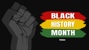 Black raised fist silhouette on left with red, yellow, and green brush strokes on right representing Black History Month.