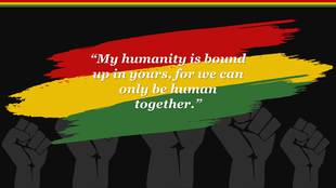 Black history month slide with raised fists overlaid by red, yellow, and green brushstrokes, on a dark backdrop.