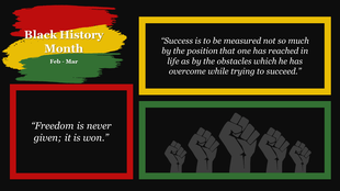 Black History Month slide with Pan African colors, quotes by Booker T. Washington and Nelson Mandela, and raised fists.