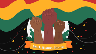 Illustration of 3 raised fists under a vibrant flag, celebrating Black History Month with confetti and festive decorations.