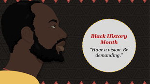 Profile of a man on a patterned black background, with a white circle displaying black history month and motivational quote.