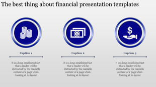 Financial template with three blue icons coins, money bills, and a hand holding a dollar sign, aligned horizontally.