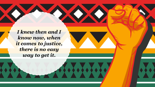 Black history month slide with an illustration of a raised fist with a colorful patterned background and a quote.