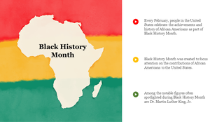 Black history month slide featuring the African continent map in cream with red, yellow, and green stripes and matching text.