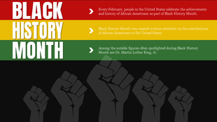 Three horizontal stripes in red, yellow, and green with text, above raised fists in gray on a dark background.