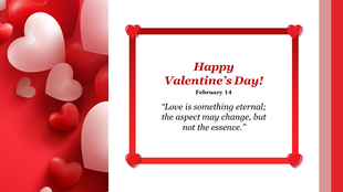 Red and white heart shapes on left; greeting message in red heart-bordered frame on white background at center right.