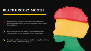 Side profile in red, yellow, and green watercolor on right left side shows Black History Month text and three bullet points.
