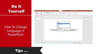 Guide on changing language settings in PowerPoint, showing the language selection window with various options.