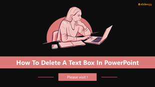 Tutorial on deleting a text box in PowerPoint with an illustration of a woman working on a laptop.