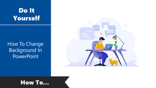 Person working at desk with digital icons above and cat below; left panel in blue shows PowerPoint background tutorial label.