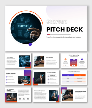 Startup Pitch Presentation with startup graphics, purple-orange accents, growth strategy, funding, and business slides.