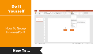 Instructional slide cover with SlideEgg branding and how to group in PowerPoint text on a digital monitor illustration.