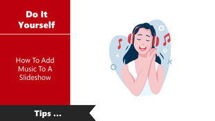 Illustration of woman listening to music with red headphones left panel in red displays music slideshow tutorial text.