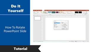 Guide on rotating a PowerPoint slide, showing the slide size and orientation settings window.
