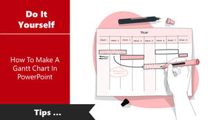 Do It Yourself guide on how to create a Gantt chart in PowerPoint, with a hand marking tasks on a timeline.