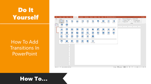 Tutorial slide showing PowerPoint transition options above slide editor orange sidebar presents DIY tips for transitions.