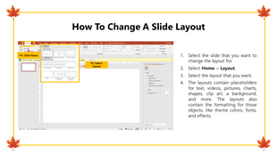 DIY tutorial for changing slide layout in PowerPoint, with options displayed in a dropdown menu.