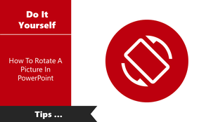 Tutorial on rotating a picture in PowerPoint, featuring a red circular icon with a rotation symbol.