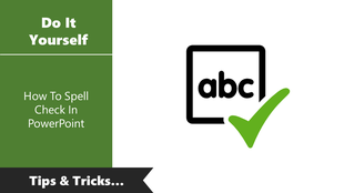 PowerPoint slide with a title on spelling check and an illustration of the spelling check icon with a green checkmark.