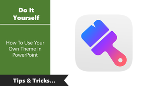 PowerPoint slide with the tutorial title on using custom themes, featuring an illustration of a paintbrush icon in gradient colors.