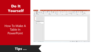 Insert tab highlighted with table grid in view on right red sidebar on left explains how to make tables in PowerPoint.