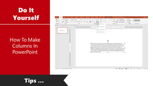 A slide tutorial on how to format text into columns, featuring the interface to select between one, two, or three columns.