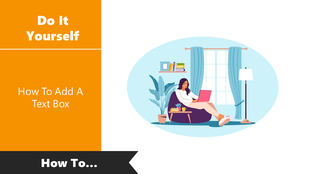 A tutorial slide showing how to add a text box in PowerPoint, featuring a woman working on her laptop at home.