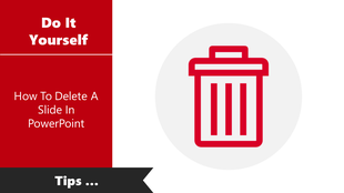 Guide on deleting a slide in PowerPoint with a red trash bin icon.