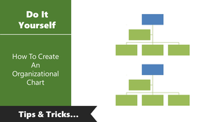 Green and blue hierarchical organizational chart on right green sidebar on left shows DIY tutorial on chart creation.