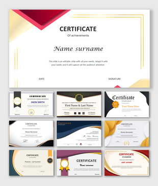 Slide deck of various certificate templates in different color schemes, with placeholders for names and signatures.