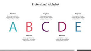 Five alphabet letters A to E in distinct colors, each with a placeholder caption underneath.