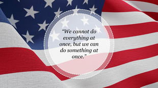 Waving American flag background with a stitched circle overlay in center containing an inspirational quote in serif font.