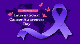 Cancer awareness design with a purple ribbon, map outline, and butterflies symbolizing hope and support.