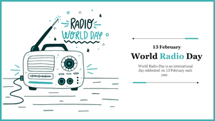 Teal and black sketch of a radio, with minimal text and design elements aligned on the right.