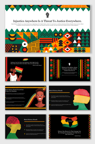 Colorful Black History Month slides with bold patterns and empowering quotes celebrating African American heritage.