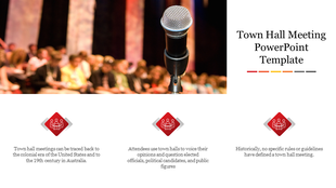 A slide with a microphone in front of a blurred audience, featuring three red icons and placeholders for town hall meetings.