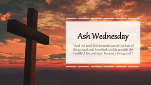 A serene Ash Wednesday slide background with a cross against a sunset sky, accompanied by a biblical quote.