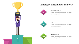 Employee character on a teal podium with a trophy above, next to three diamond labels numbered 01 to 03 with text details.