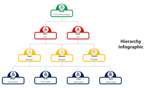 Infographic  flowchart displaying corporate hierarchy from CEO to team leaders with color-coded roles.