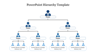 Hierarchy slide shows an organizational chart with multiple levels, including placeholders for names and positions.