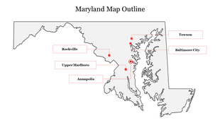 Maryland outline map with five cities marked by red dots, each labeled with text boxes.