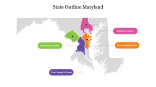 A map of Maryland with color coded regions representing Montgomery, Baltimore, Anne Arundel, and Prince George's.