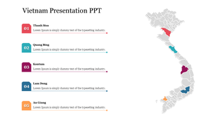 Map of vietnam slide highlighting various provinces with corresponding descriptions.