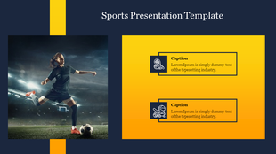 Sports slide with a female soccer player on the left and two yellow text boxes with sport icons and captions on the right.