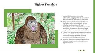 Illustrated slide featuring an image of Bigfoot, a large, hairy ape like creature in a forest, with accompanying text.