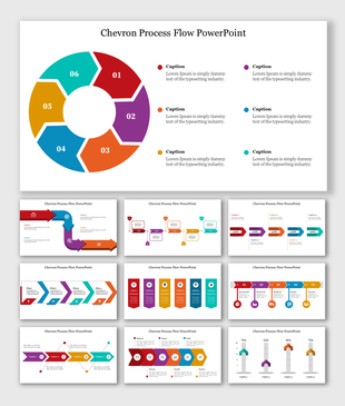 Chevron flow template set with a ring-shaped six-step chart above and a grid of linear chevron diagrams below.
